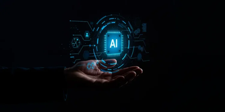 Representação da inteligência artificial sobre uma mão humana, em referência ao debate sobre segurança e regulação da IA.