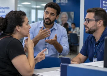 Intérprete de Libras auxilia na comunicação durante atendimento do INSS, representando a nova norma que garante o recurso em perícias com atendimento presencial e remoto.