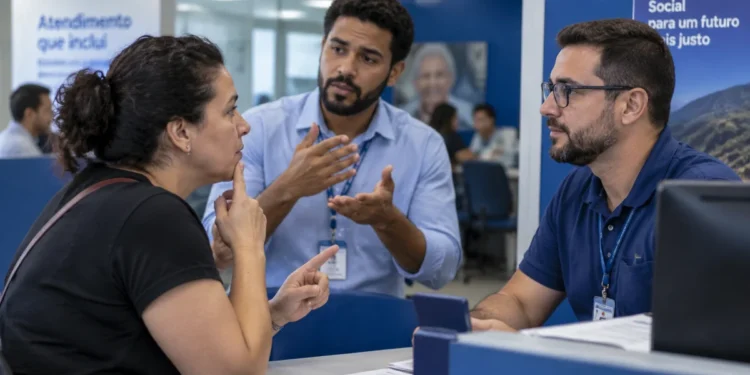 Intérprete de Libras auxilia na comunicação durante atendimento do INSS, representando a nova norma que garante o recurso em perícias com atendimento presencial e remoto.