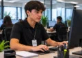 Jovem aprendiz trabalhando em escritório durante atividade profissional de formação.
