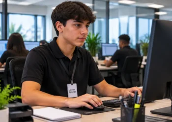 Jovem aprendiz trabalhando em escritório durante atividade profissional de formação.