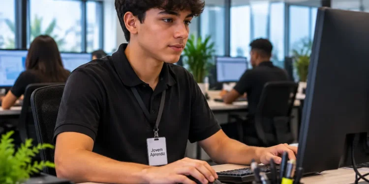 Jovem aprendiz trabalhando em escritório durante atividade profissional de formação.