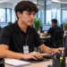Jovem aprendiz trabalhando em escritório durante atividade profissional de formação.