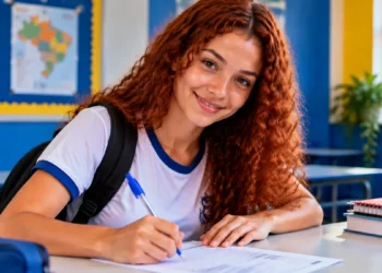 Jovem estudante preenchendo formulário em ambiente escolar representa oportunidade de Jovem Aprendiz.
