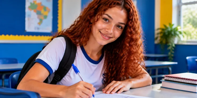 Jovem estudante preenchendo formulário em ambiente escolar representa oportunidade de Jovem Aprendiz.