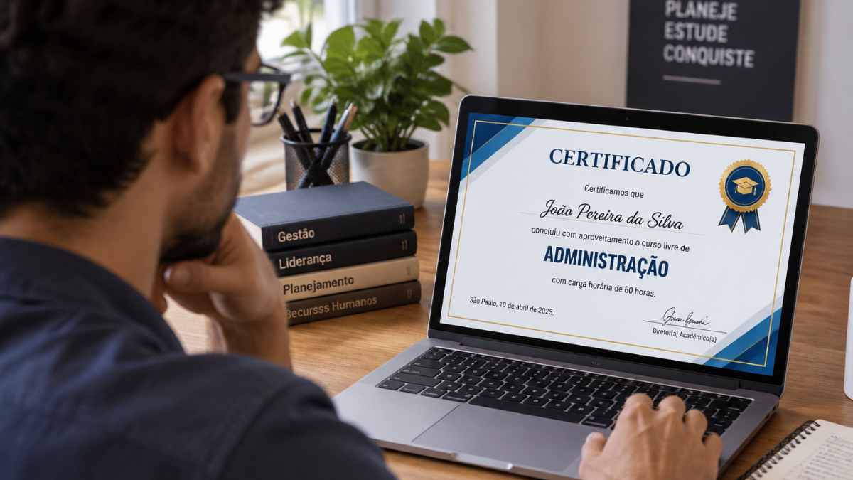 Pessoa analisando certificado de curso de administração no notebook, representando a importância de verificar informações sobre formações profissionais e certificações.