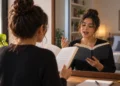 Mulher lendo um livro em voz alta diante do espelho, representando técnica que pode favorecer a memorização.