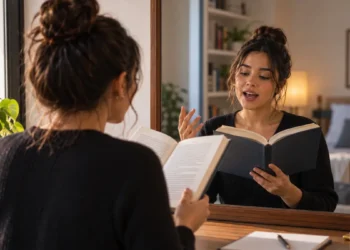 Mulher lendo um livro em voz alta diante do espelho, representando técnica que pode favorecer a memorização.