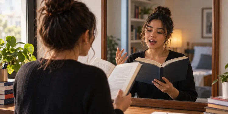Mulher lendo um livro em voz alta diante do espelho, representando técnica que pode favorecer a memorização.