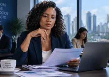 Mulher empreendedora analisando documentos em escritório, representando o crescimento da participação feminina nas contratações formais.