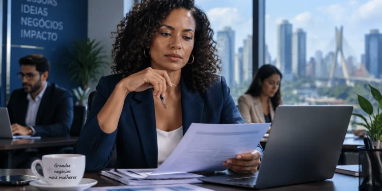 Mulher empreendedora analisando documentos em escritório, representando o crescimento da participação feminina nas contratações formais.