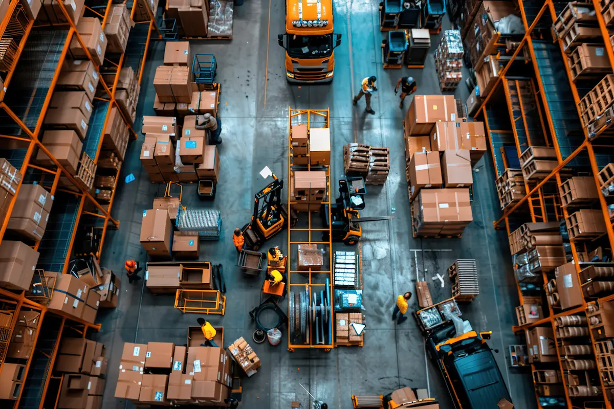 Vista aérea de centro de distribuição com funcionários, empilhadeiras e produtos armazenados em operação logística.