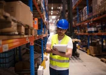 Profissional de logística em armazém realizando controle de estoque com prancheta entre corredores de produtos armazenados.