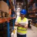 Profissional de logística em armazém realizando controle de estoque com prancheta entre corredores de produtos armazenados.