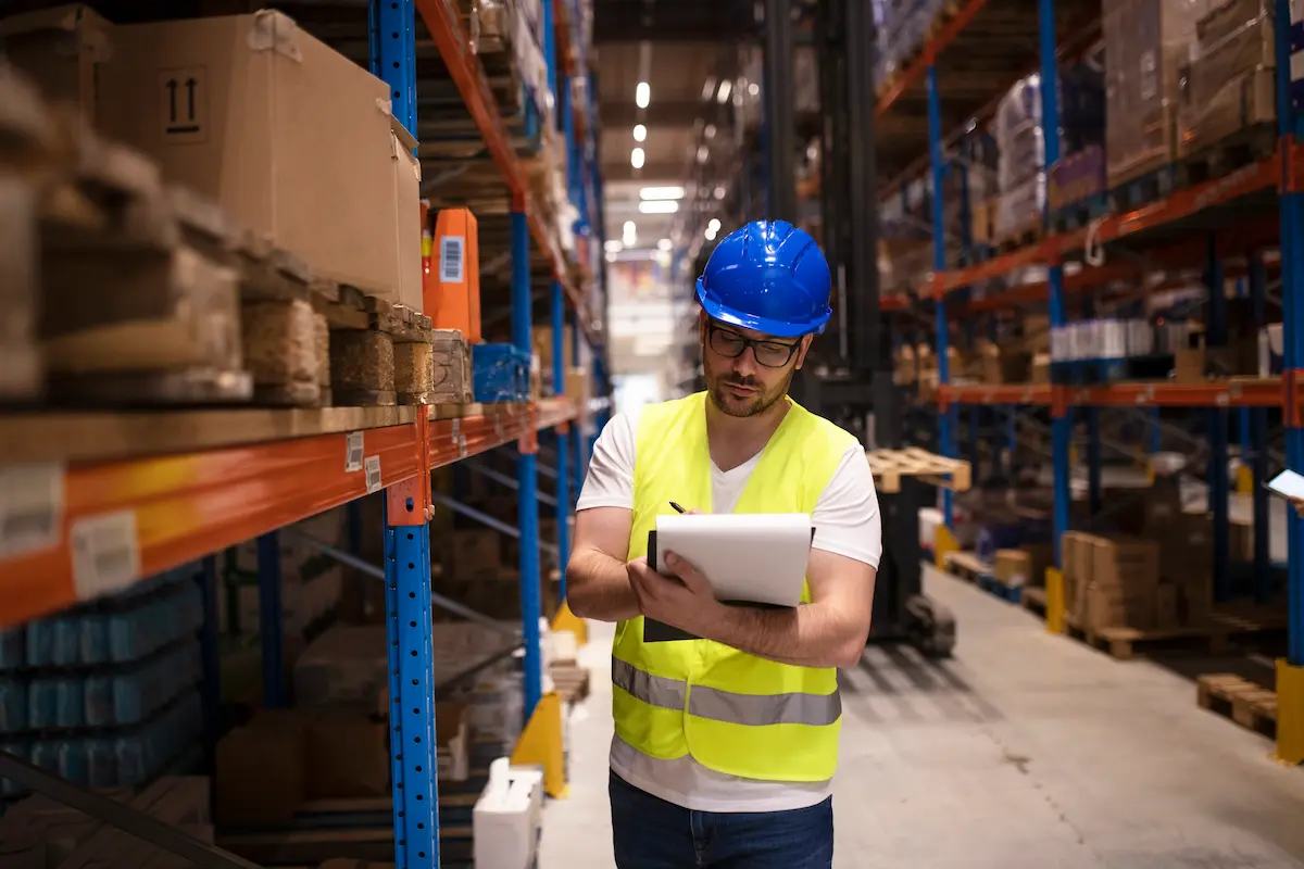 Profissional de logística em armazém realizando controle de estoque com prancheta entre corredores de produtos armazenados.