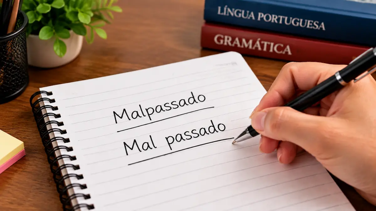 Pessoa escrevendo em caderno as formas corretas “malpassado” e “mal passado” na Língua Portuguesa.