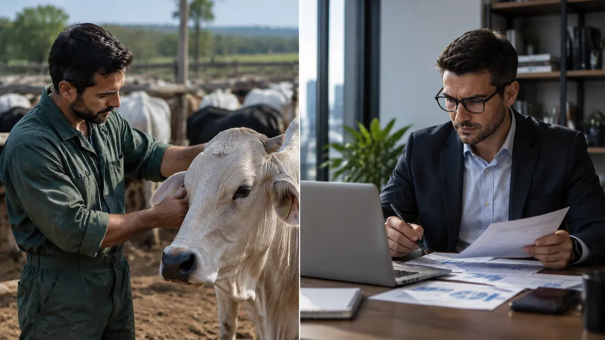 Médico veterinário cuidando de animal em fazenda e administrador analisando documentos em escritório.