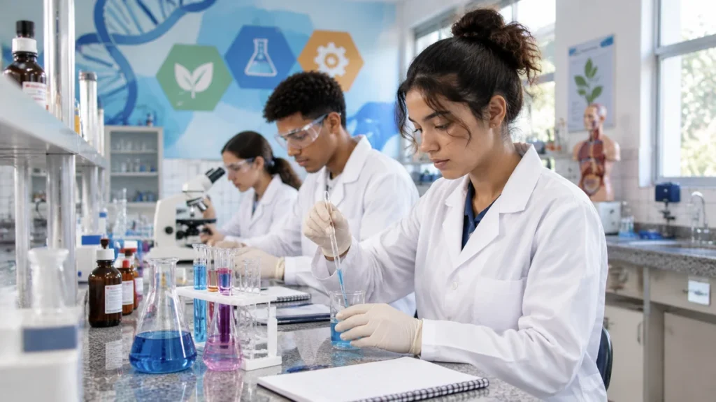 Estudantes realizam atividades práticas em laboratório durante formação técnica de nível médio.