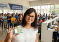 Mulher segura documento de identificação durante atendimento em mutirão de emissão de documentos