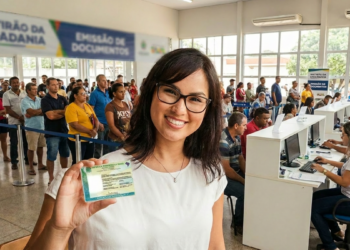 Mulher segura documento de identificação durante atendimento em mutirão de emissão de documentos