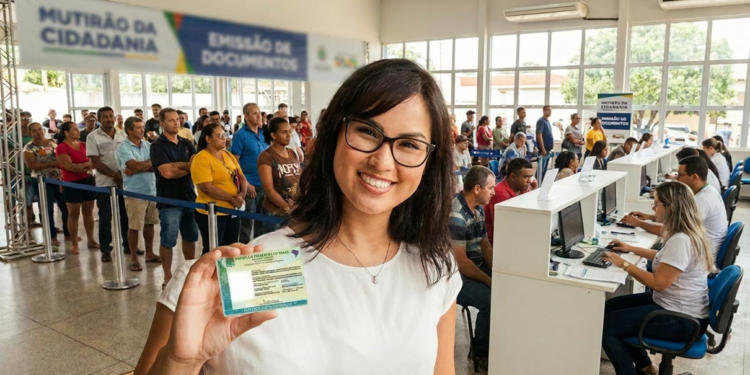 Mulher segura documento de identificação durante atendimento em mutirão de emissão de documentos