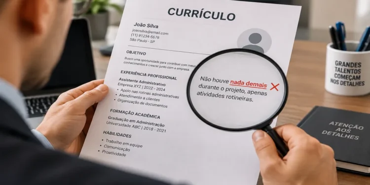 Recrutador analisa currículo com lupa e identifica erro de gramática na expressão "nada demais".