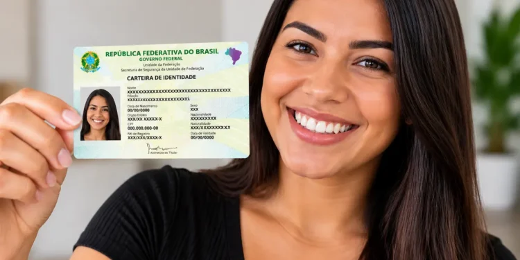Mulher segura a Carteira de Identidade Nacional (CIN) durante divulgação de mutirão para emissão do novo documento em Vila Pavão.