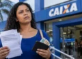 Mulher segurando documentos e dinheiro em frente a uma agência da Caixa, representando as novas cidades habilitadas para solicitar o Saque Calamidade do FGTS.