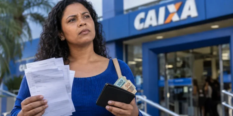 Mulher segurando documentos e dinheiro em frente a uma agência da Caixa, representando as novas cidades habilitadas para solicitar o Saque Calamidade do FGTS.