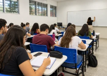 Estudantes em sala de aula de universidade pública durante atividade acadêmica.