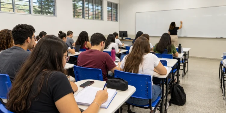Estudantes em sala de aula de universidade pública durante atividade acadêmica.