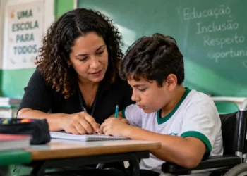 Professora auxilia estudante com deficiência em atividade escolar inclusiva em sala de aula