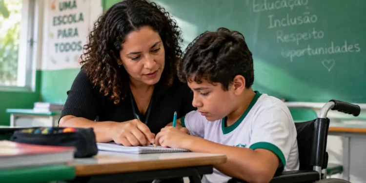 Professora auxilia estudante com deficiência em atividade escolar inclusiva em sala de aula