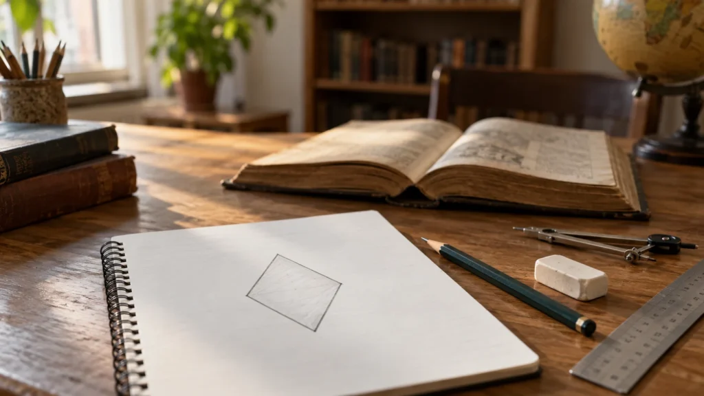 Livro antigo e desenho de um losango sobre uma mesa de estudos, representando a origem francesa da palavra “losango”.