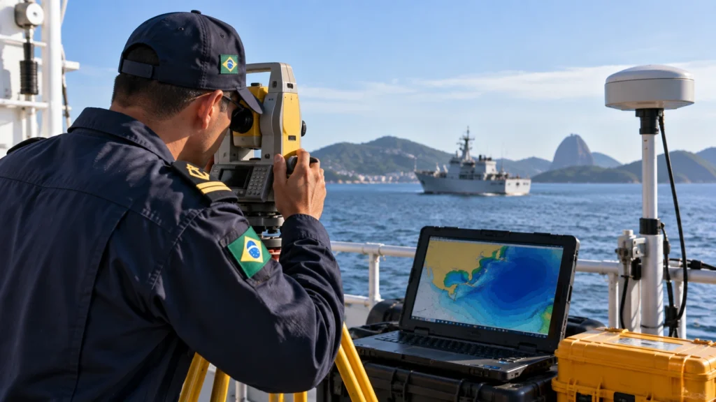 Hidrógrafo da Marinha realiza levantamento hidrográfico com equipamento de medição em embarcação