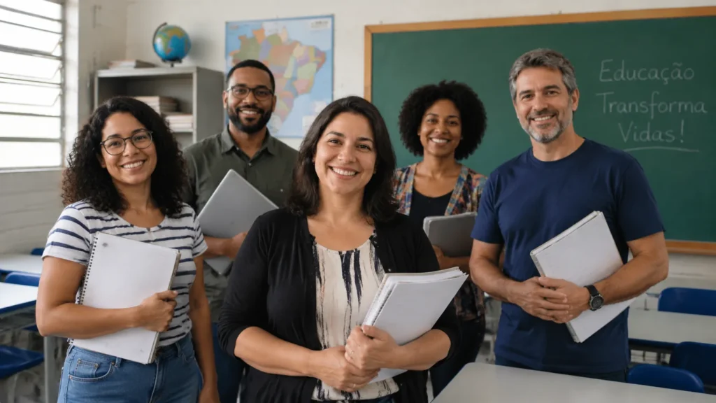 Grupo de professores reunidos em sala de aula representando candidatos aptos a participar da Prova Nacional Docente