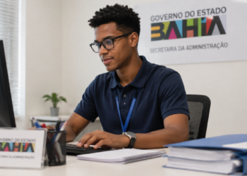 Jovem estagiário trabalhando em escritório da Secretaria da Administração do Estado da Bahia, simbolizando as vagas do Partiu Estágio.