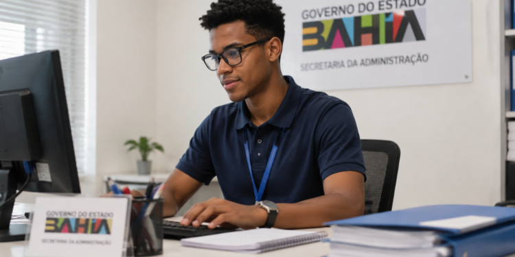 Jovem estagiário trabalhando em escritório da Secretaria da Administração do Estado da Bahia, simbolizando as vagas do Partiu Estágio.