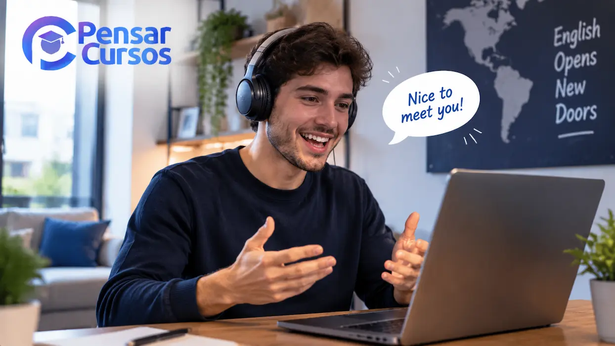 Aluno participa de aula de inglês online da Pensar Cursos com interação virtual pelo computador.