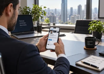 Pessoa utilizando o LinkedIn pelo celular em ambiente corporativo, representando a importância de manter o perfil profissional atualizado para buscar oportunidades de estágio.