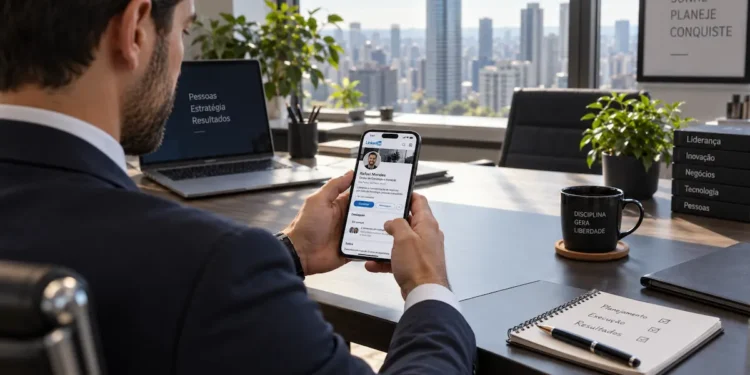 Pessoa utilizando o LinkedIn pelo celular em ambiente corporativo, representando a importância de manter o perfil profissional atualizado para buscar oportunidades de estágio.
