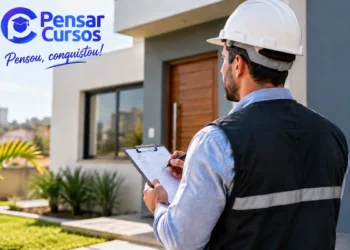 Perito de imóveis realizando avaliação residencial com prancheta em frente a uma propriedade.