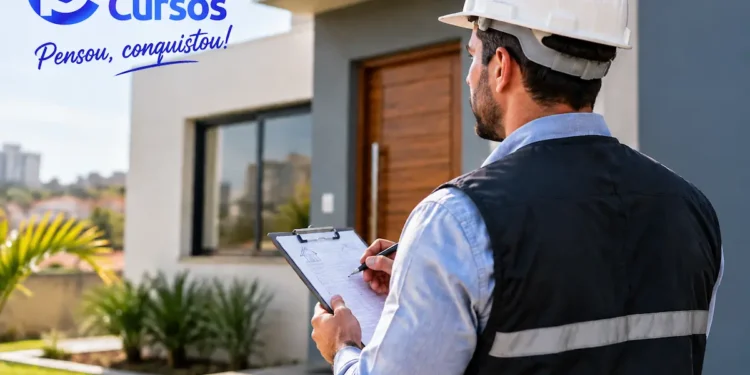 Perito de imóveis realizando avaliação residencial com prancheta em frente a uma propriedade.