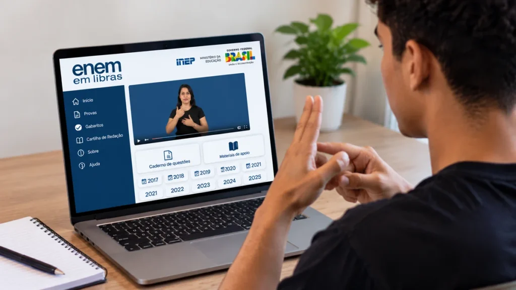 Estudante acessa plataforma de videoprovas do Enem em Libras pelo notebook.