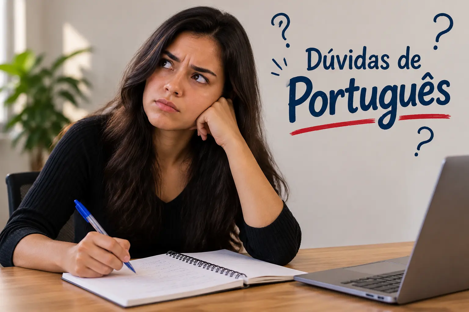 Pessoa estudando língua portuguesa e pesquisando dúvidas de escrita em caderno.