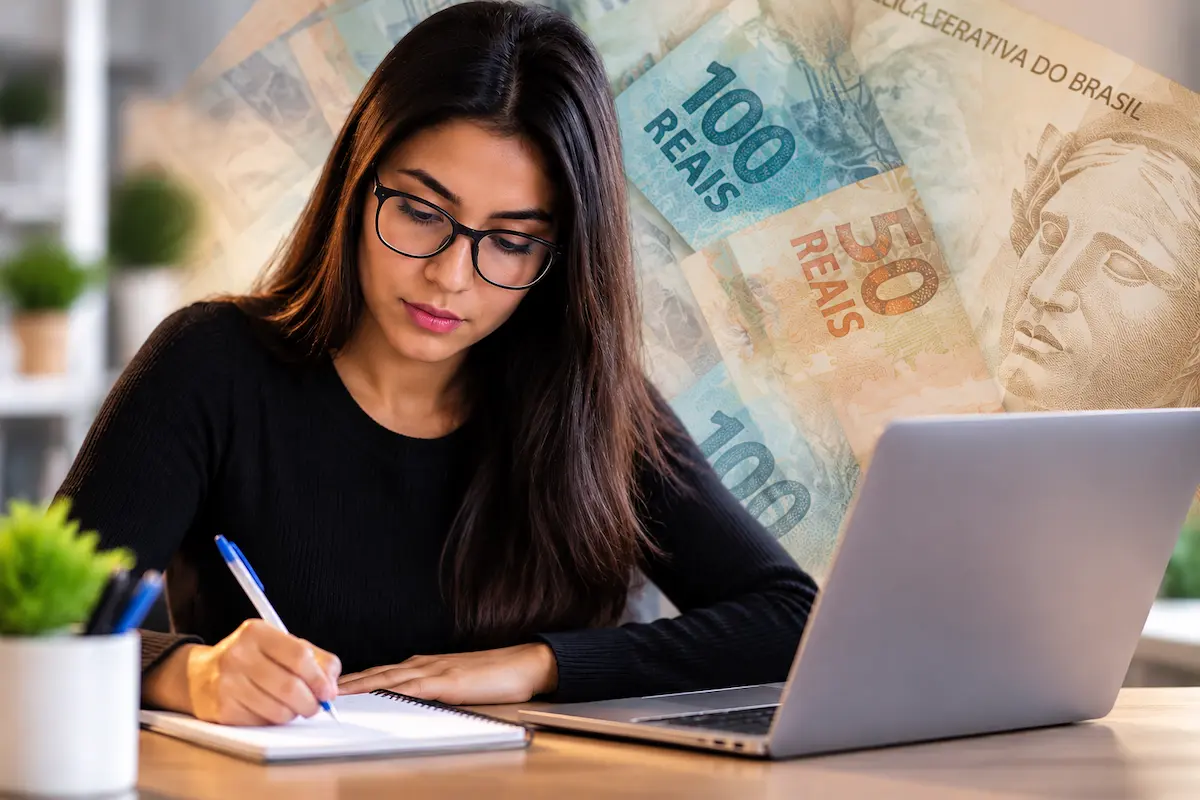 Pessoa estudando em pós-graduação com notebook e dinheiro ao fundo, representando relação entre formação acadêmica e aumento salarial.