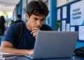Aluno consulta informações em notebook, representando o acompanhamento da convocação da lista de espera do 2º semestre do Fies 2026.
