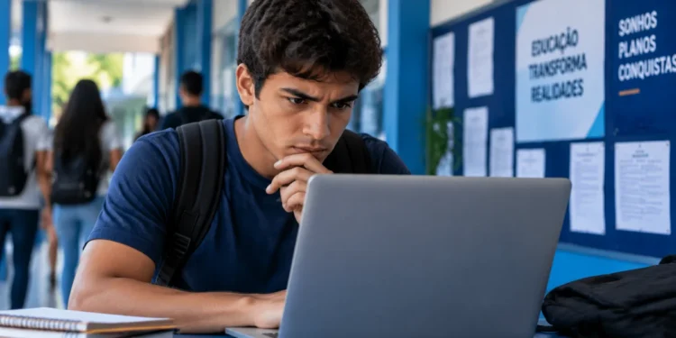 Aluno consulta informações em notebook, representando o acompanhamento da convocação da lista de espera do 2º semestre do Fies 2026.