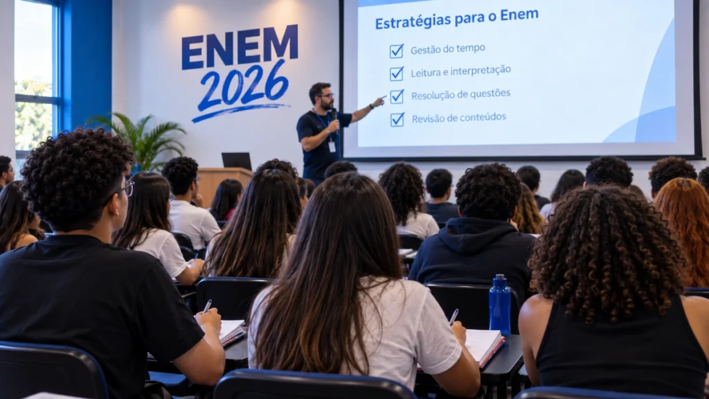 Estudantes acompanham aulão presencial de revisão para o Enem 2026.