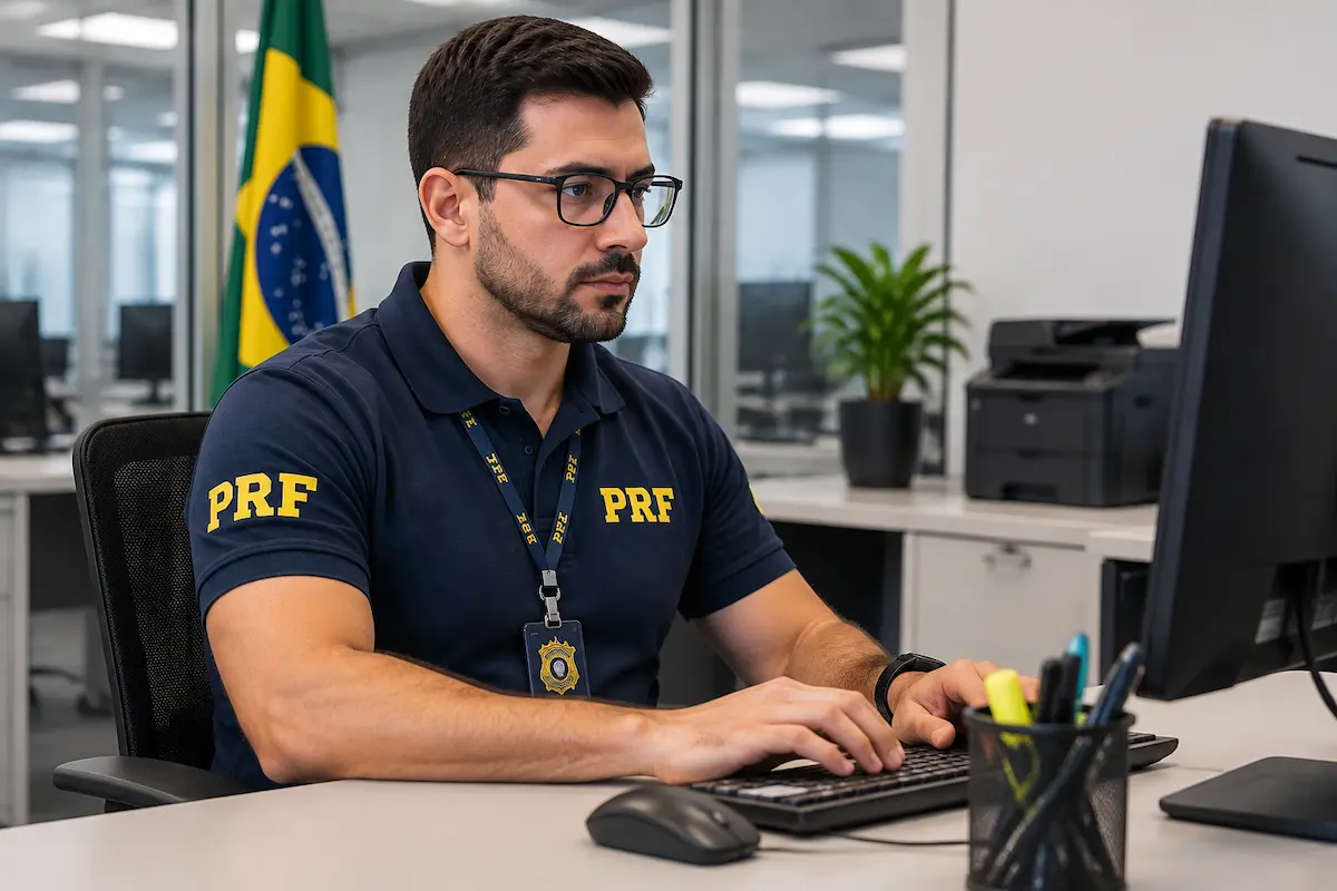 Agente administrativo da PRF trabalhando em escritório com computador.